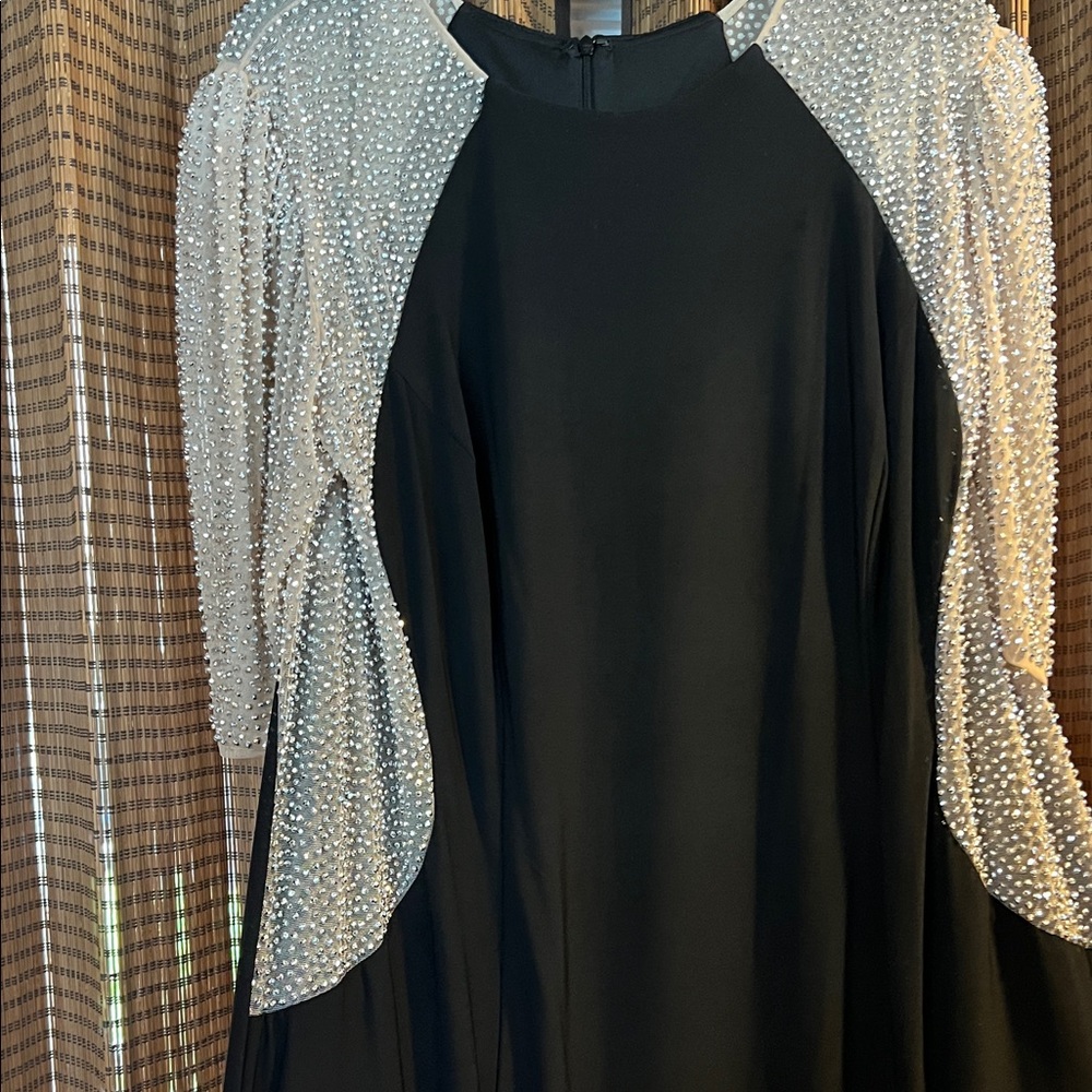 Elegant Black Dress with Silver Accents by Xscape. - Picture 2 of 6